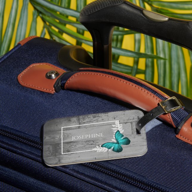 Teal Butterfly Rustic Luggage Tag (Front Insitu 3)
