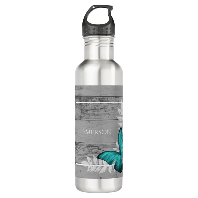 Teal Butterfly Rustic Personalised 710 Ml Water Bottle (Front)
