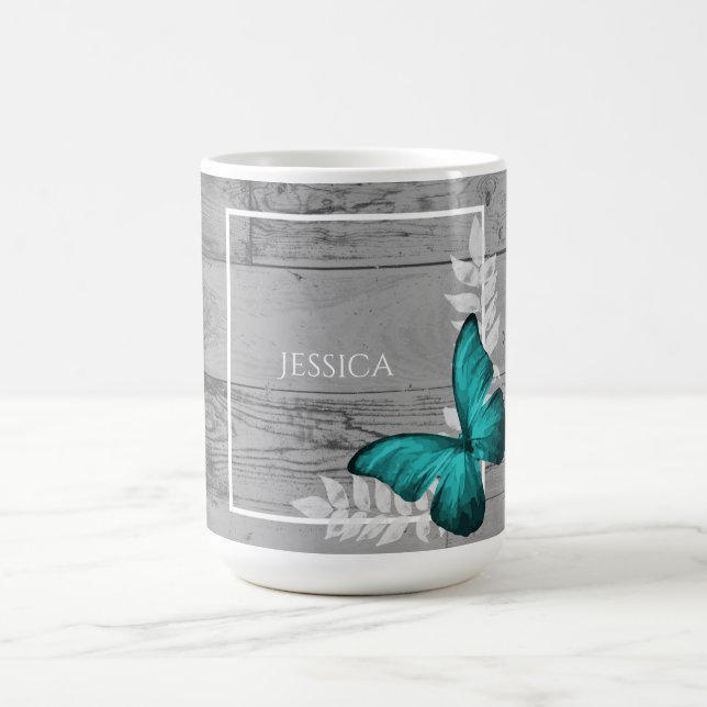 Teal Butterfly Rustic Personalised Coffee Mug (Center)
