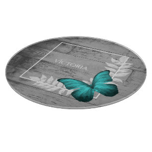 Teal Butterfly Rustic Personalised Cutting Board