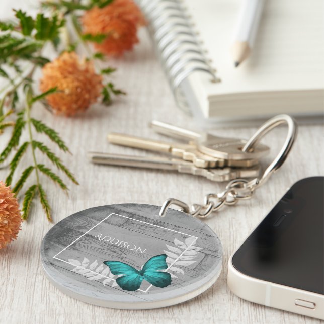 Teal Butterfly Rustic Personalised Keychain (Front Right)