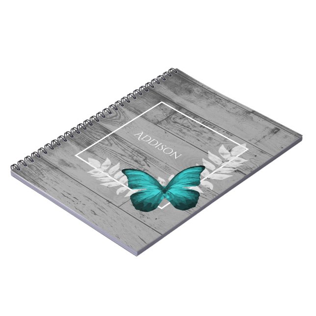 Teal Butterfly Rustic Personalised Notebook (Left Side)