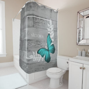 Teal Butterfly Rustic Personalised Shower Curtain