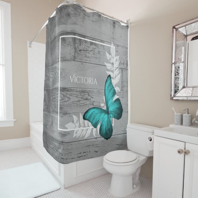 Teal Butterfly Rustic Personalised Shower Curtain (In Situ)