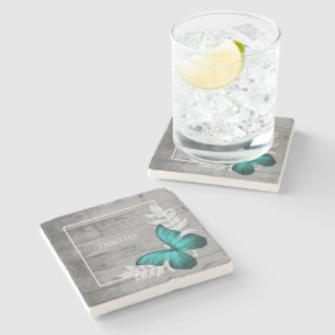 Teal Butterfly Rustic Personalised Stone Coaster