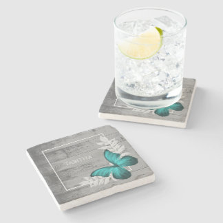 Teal Butterfly Rustic Personalised Stone Coaster