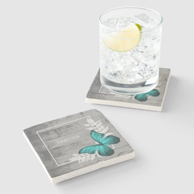 Teal Butterfly Rustic Personalised Stone Coaster (Side)