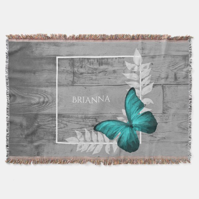 Teal Butterfly Rustic Personalised Throw Blanket (Front)