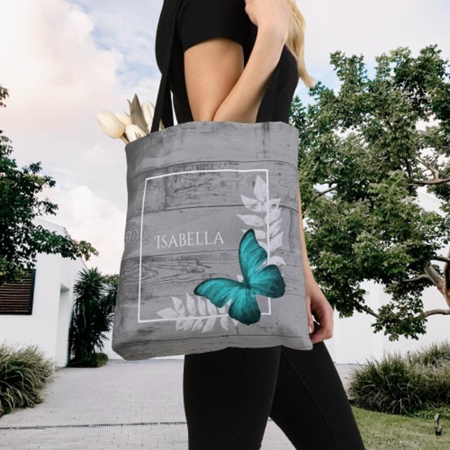 Teal Butterfly Rustic Personalised Tote Bag (Teal Butterfly Rustic Personalized Tote Bag)