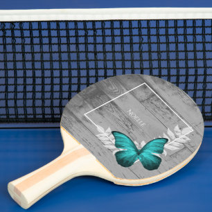 Teal Butterfly Rustic Ping Pong Paddle