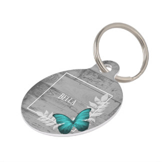 Teal Butterfly Rustic Round Pet Tag