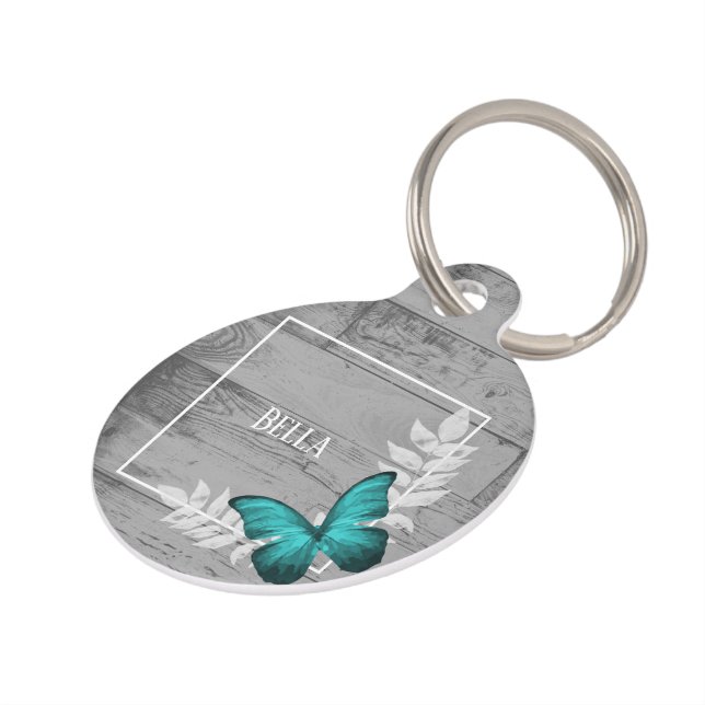 Teal Butterfly Rustic Round Pet Tag (Side)