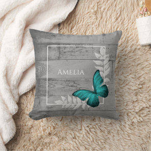 Teal Butterfly Rustic Throw Pillow