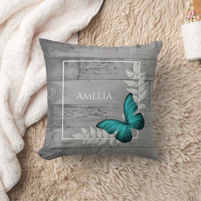 Teal Butterfly Rustic Throw Pillow (Blanket)