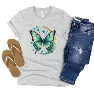 Teal Butterfly Stars Celestial Crescent Moon Boho T-Shirt
