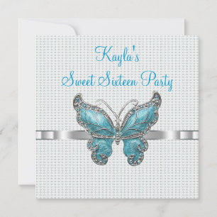 Teal Butterfly Sweet 16th Birthday Party Invitation