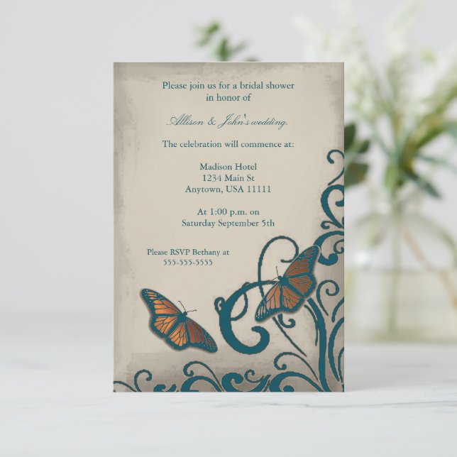 Teal Butterfly Swirl Bridal Shower Invitation (Standing Front)