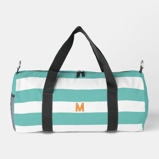 Teal Cabana Stripe & Personalised Orange Monogram Duffle Bag (Back)