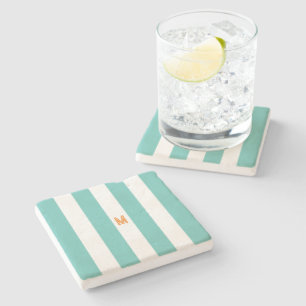 Teal Cabana Stripe & Personalised Orange Monogram Stone Coaster