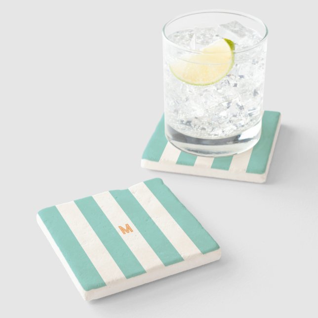 Teal Cabana Stripe & Personalised Orange Monogram Stone Coaster (Side)