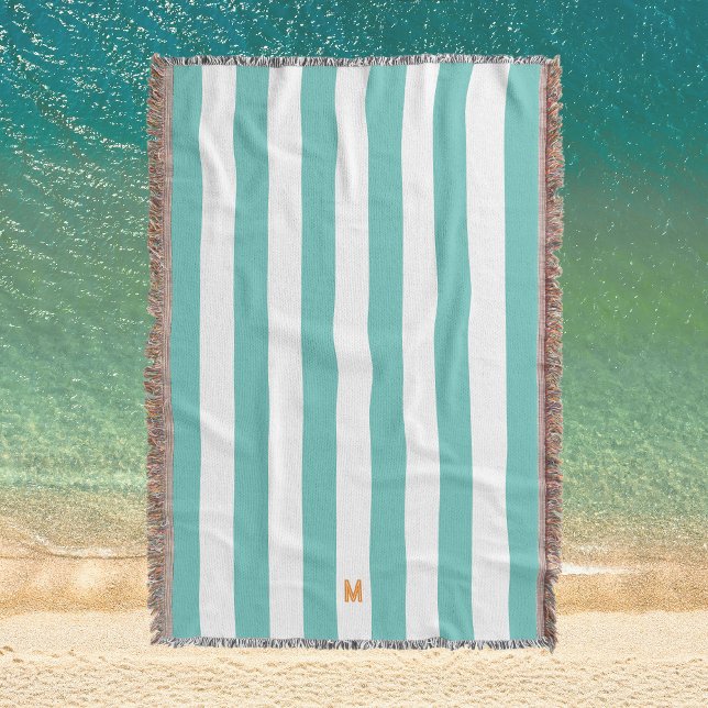 Teal Cabana Stripe & Personalised Orange Monogram Throw Blanket (Creator Uploaded)