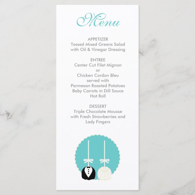 Teal Cake Pop Wedding Menu (Front)