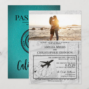 Teal California Passport Wedding Invitation