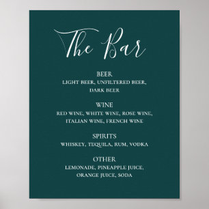 Teal calligraphy script wedding drinks bar menu poster