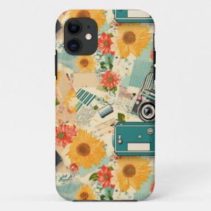 Teal Camera Golden Sunflower Summer Collage iPhone 11 Case