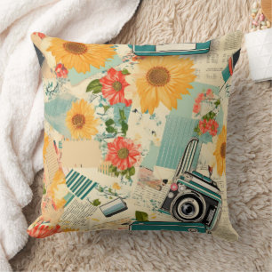 Teal Camera Golden Sunflower Summer Collage Cushion