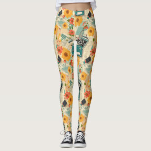Teal Camera Golden Sunflower Summer Collage Leggings