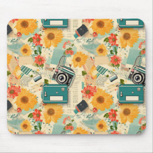 Teal Camera Golden Sunflower Summer Collage Mouse Mat