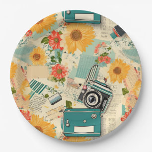 Teal Camera Golden Sunflower Summer Collage Paper Plate