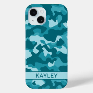 Teal Camouflage Personalized iPhone 15 Case