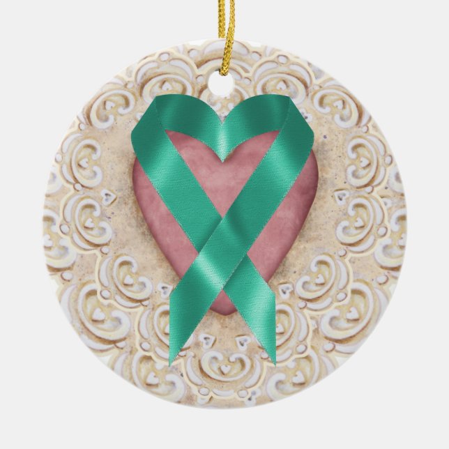 Teal Cancer Ribbon From the Heart - SRF Ceramic Tree Decoration (Front)