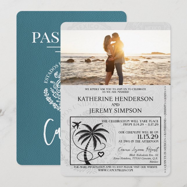Teal Cancun Passport Wedding Invitation (Front/Back)