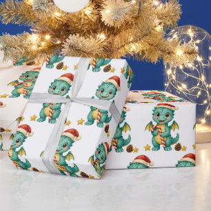 Teal Candy Cane Dragon Festive Christmas Wrapping Paper