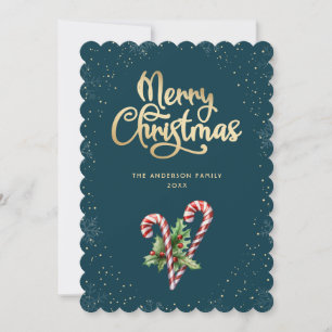 Teal Candy Cane Holly Berries Christmas Holiday Card