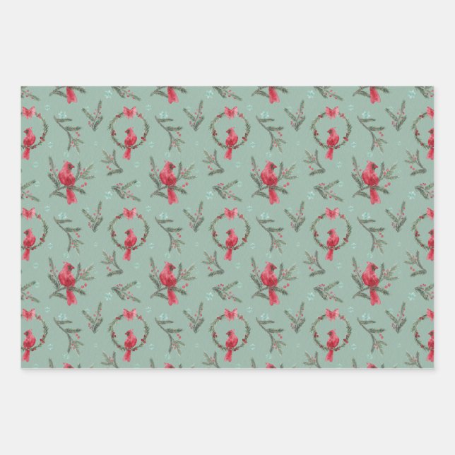 Teal Cardinal Christmas Wrapping Paper Set (Front)