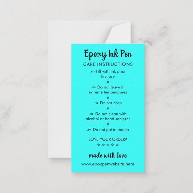 Teal Care Instructions for Epoxy Pen Card (Front)