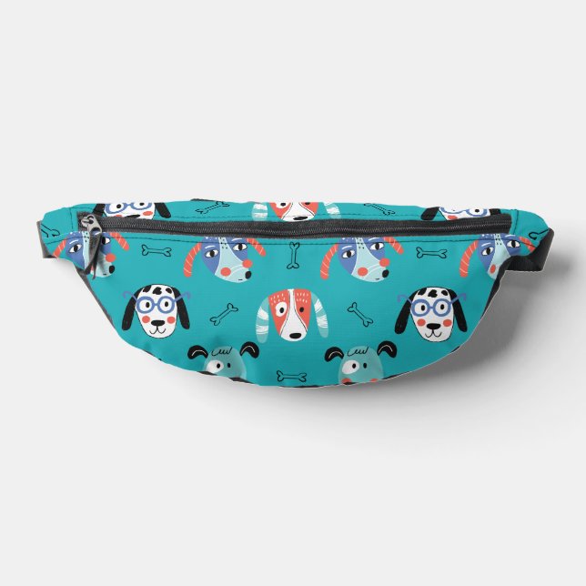 Teal Cartoon Dog Faces on Teal Bum Bags (Lay Down)
