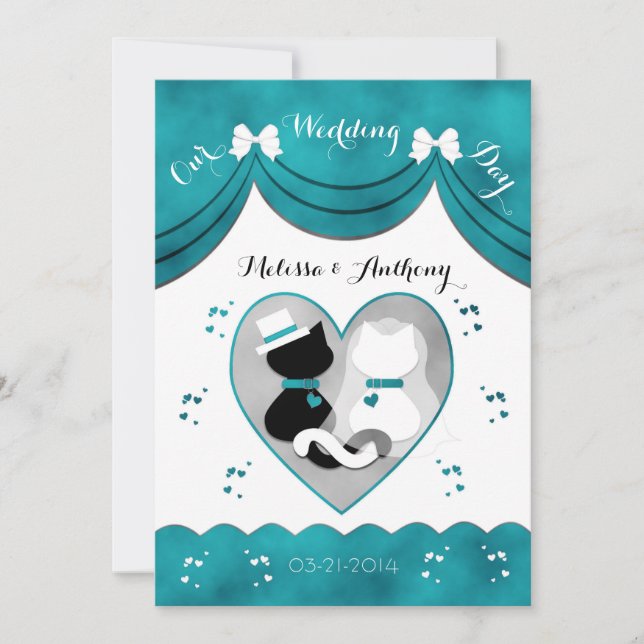 Teal Cat Bride & Groom Wedding Invitations (Front)