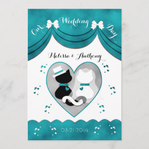 Teal Cat Bride & Groom Wedding Invitations