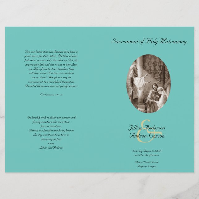 Teal Catholic Folded Wedding Program Template (Front)