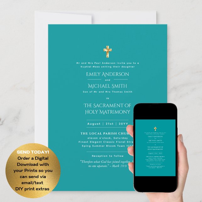Teal  Catholic Nuptial Mass Wedding Invitation (Creator Uploaded)