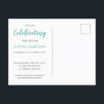 Teal Celebration of Life Photo Funeral Invite Postcard<br><div class="desc">Invite friends and family to share their favourite stories and memories with this elegant teal green and white celebration of life photo postcard invitation.</div>