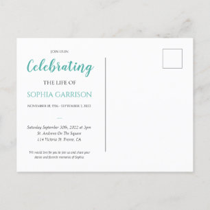 Teal Celebration of Life Photo Funeral Invite Postcard