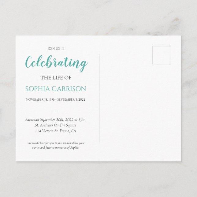 Teal Celebration of Life Photo Funeral Invite Postcard (Back)