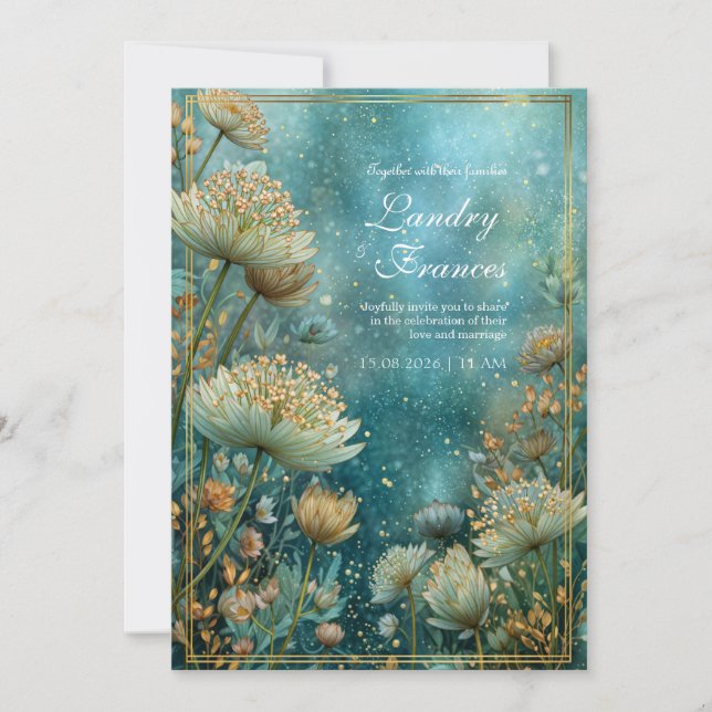 Teal Celestial Gilded Astrantia Wedding Invitation (Front)