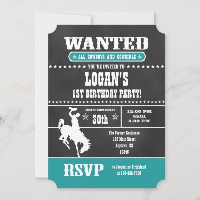 Teal Chalkboard Cowboy Birthday Invitation (Front)